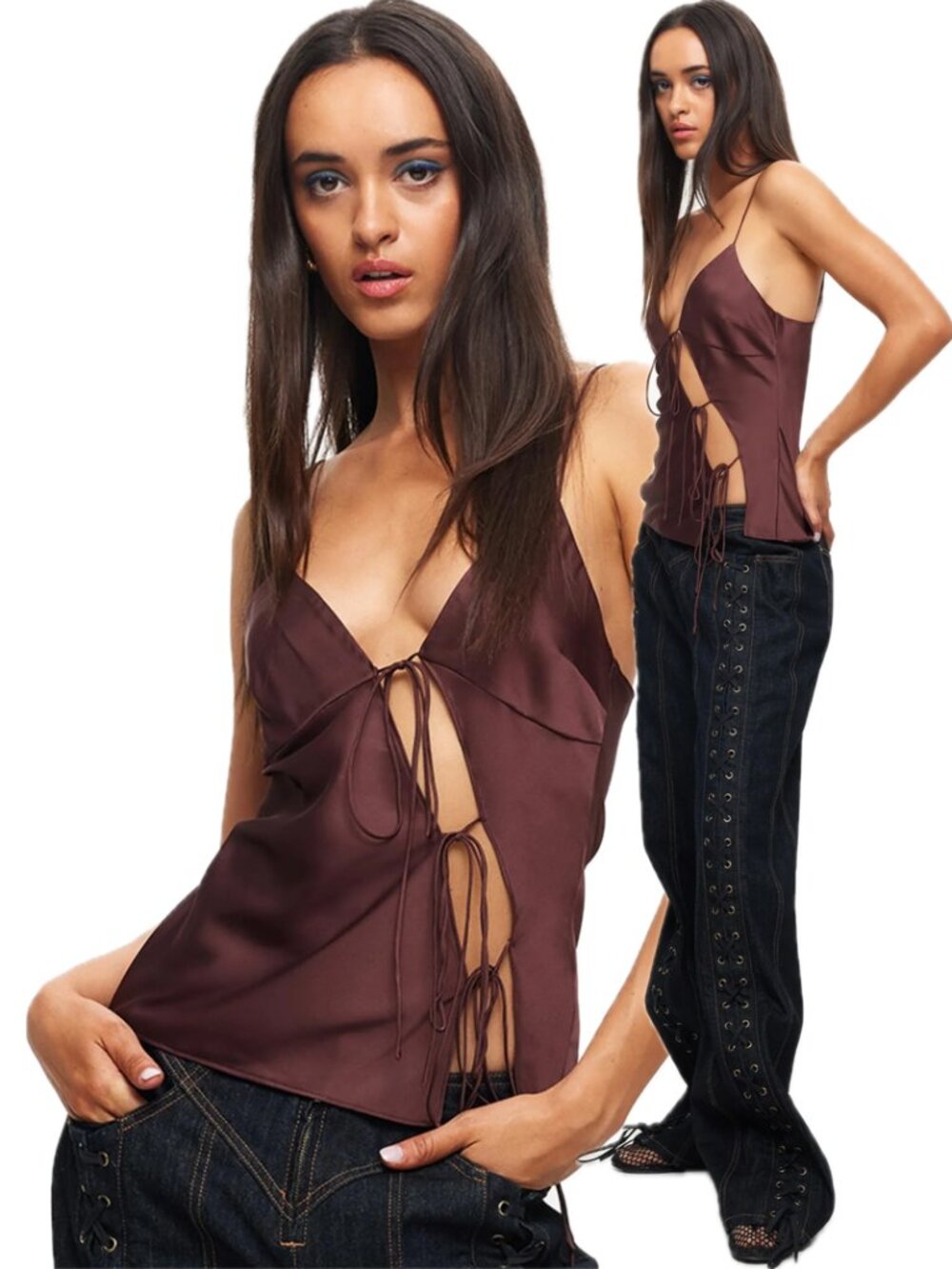 LIONESS Mariah Satin-Feel Asymmetric Cut-Out Tie-Front Cami Top (Garnet Brown) - Picture 2 of 16
